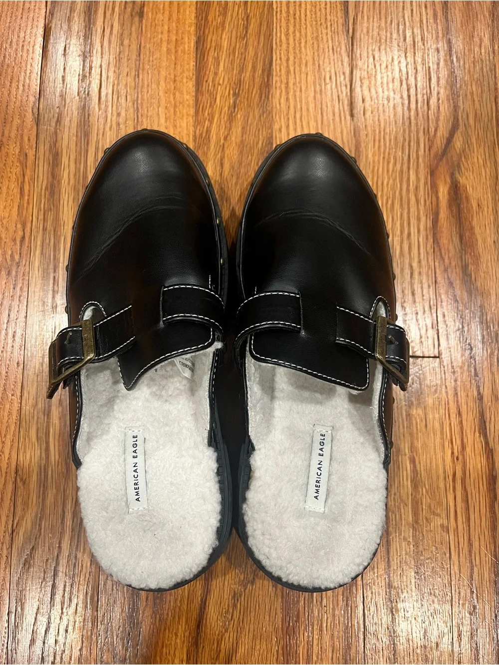 Women American Eagle AE Cozy Lug Clog Black Studded Platform Buckle Mule Size 8